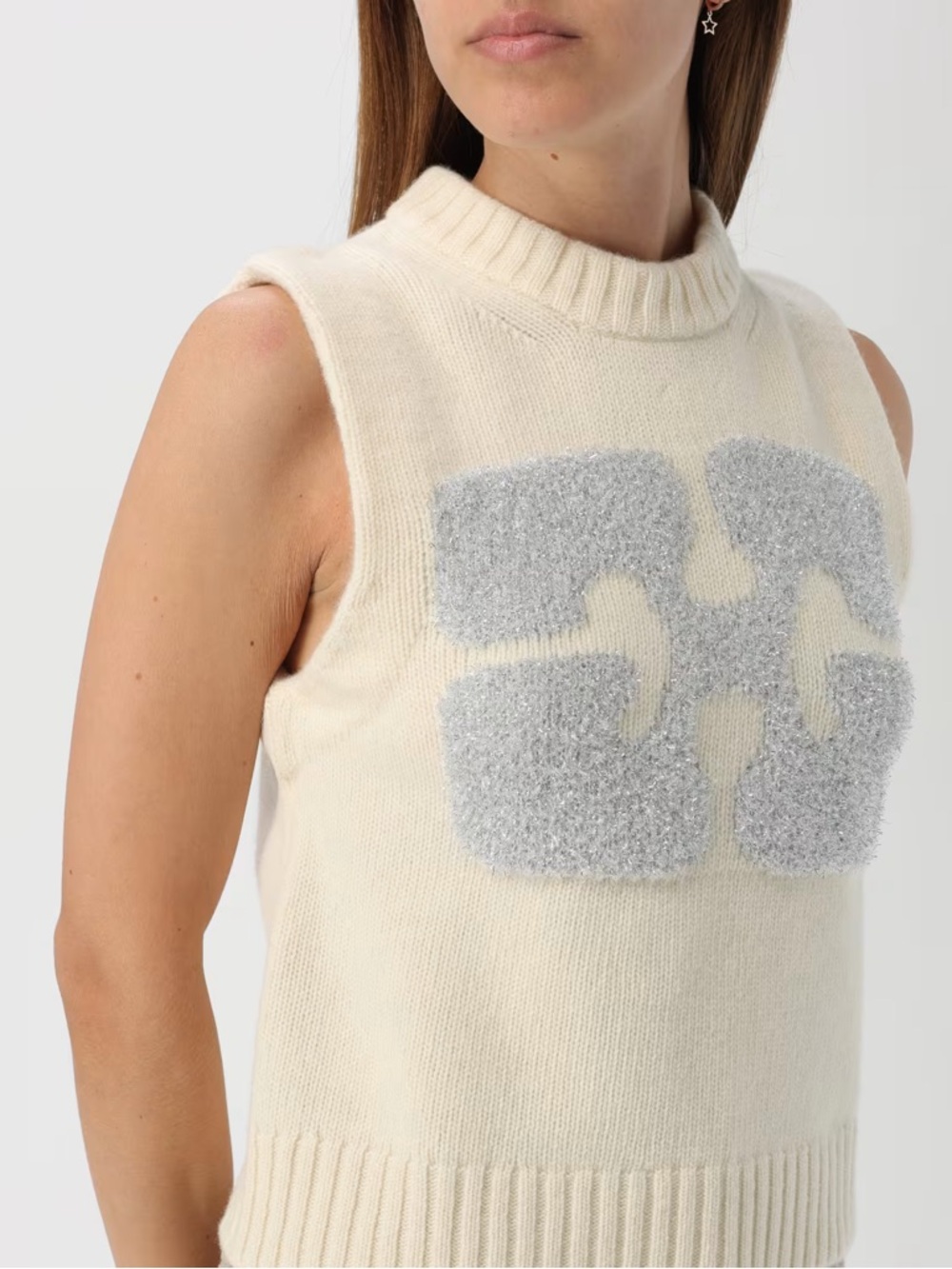 NWOT Ganni Cream Sleeveless Knit Sweater with Silver Logo